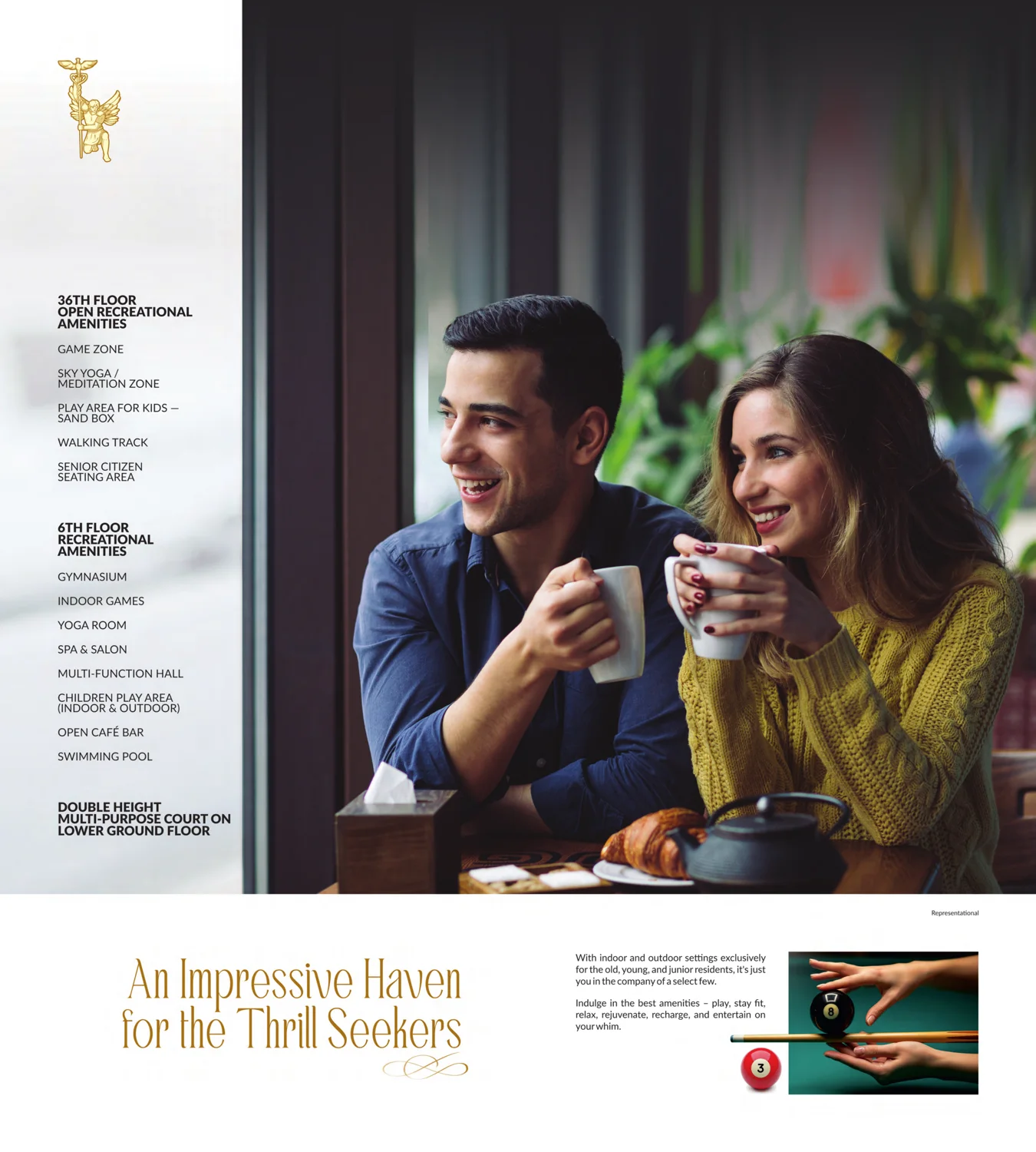 Page 18 of the Vedant Mayfair e-brochure, listing the 36th floor open recreational amenities and the 6th floor recreational amenities