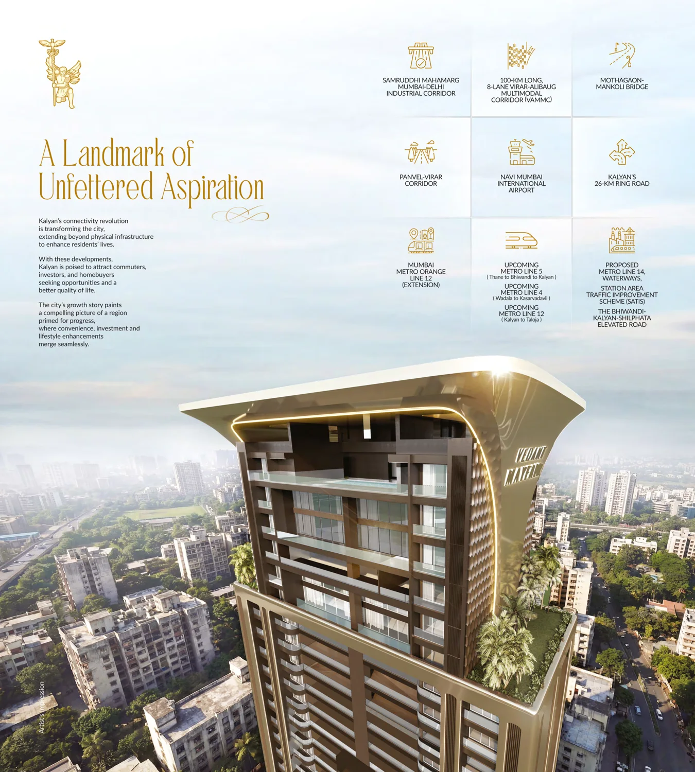 Page 8 of the Vedant Mayfair e-brochure, a nine panel connectivity infographic naming the Samruddhi Mahamarg, the Virar-Alibaug Multimodal Corridor, the Mothagaon-Mankoli Bridge, the Panvel-Virar Corridor, Navi Mumbai International Airport, Kalyan's 26 km Ring Road, Mumbai Metro Orange Line 12, upcoming Metro Lines 5, 4 and 12, and proposed Metro Line 14 with waterways, SATIS and the Bhiwandi-Kalyan-Shilphata elevated road