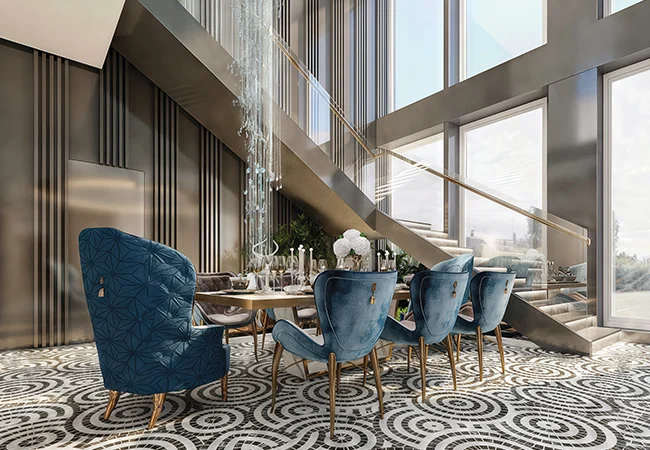 Dining area under a double height void with an internal staircase, artist's impression, at Vedant Mayfair