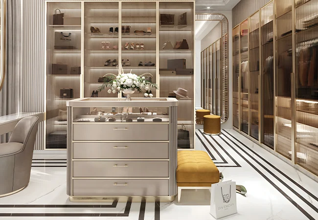 Walk-in dressing room with an island of drawers and glazed wardrobes, artist's impression, at Vedant Mayfair