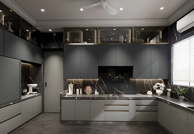 Fitted kitchen with fluted cabinetry and a dark marble backsplash, artist's impression, at Vedant Mayfair