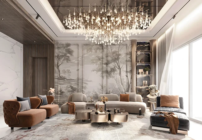 Double height living room with a chandelier and a hand-painted panelled wall, artist's impression, at Vedant Mayfair