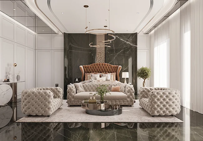 Master bedroom with a marble feature wall and a suspended ring light, artist's impression, at Vedant Mayfair