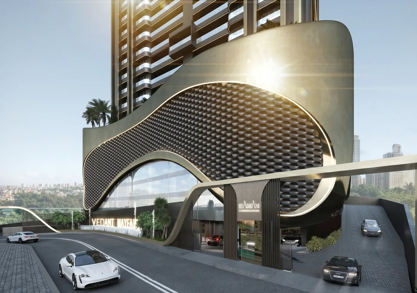 The sculpted podium and street arrival at Vedant Mayfair, Khadakpada, Kalyan West