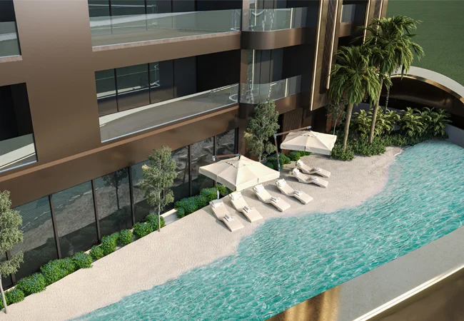 Sun loungers and palms on the pool deck at the sixth floor clubhouse level at Vedant Mayfair