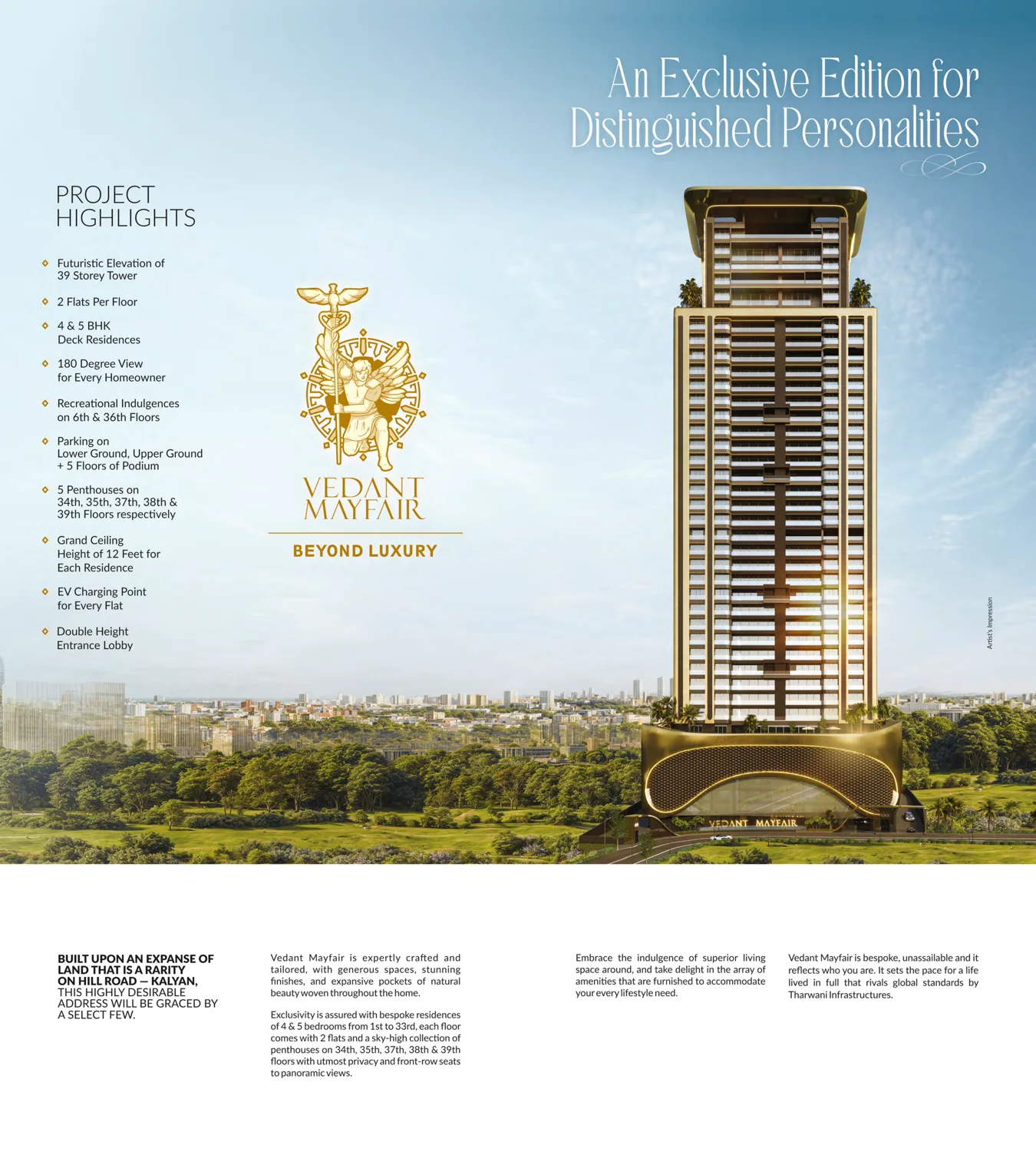 Project highlights page from the Vedant Mayfair e-brochure, listing 39 storeys, 2 flats per floor, 4 and 5 BHK deck residences, a 180 degree view, recreation on the 6th and 36th floors, parking on lower ground, upper ground and 5 podium floors, 5 penthouses on the 34th, 35th, 37th, 38th and 39th floors, a 12 ft ceiling height, an EV charging point for every flat and a double height entrance lobby