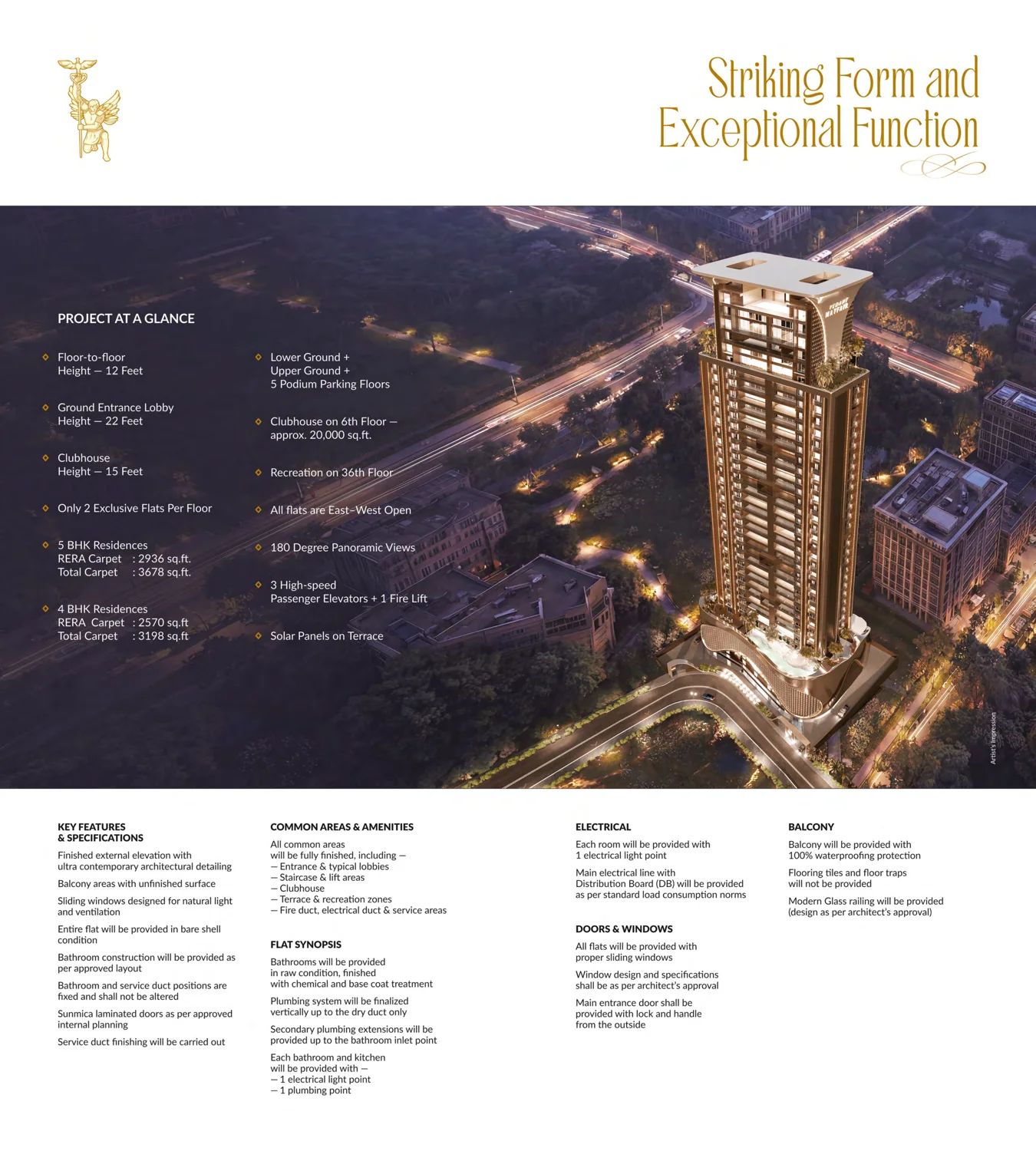Page 16 of the Vedant Mayfair e-brochure: project at a glance, key features and specifications, common areas and amenities, flat synopsis, electrical, doors and windows, and balcony schedules