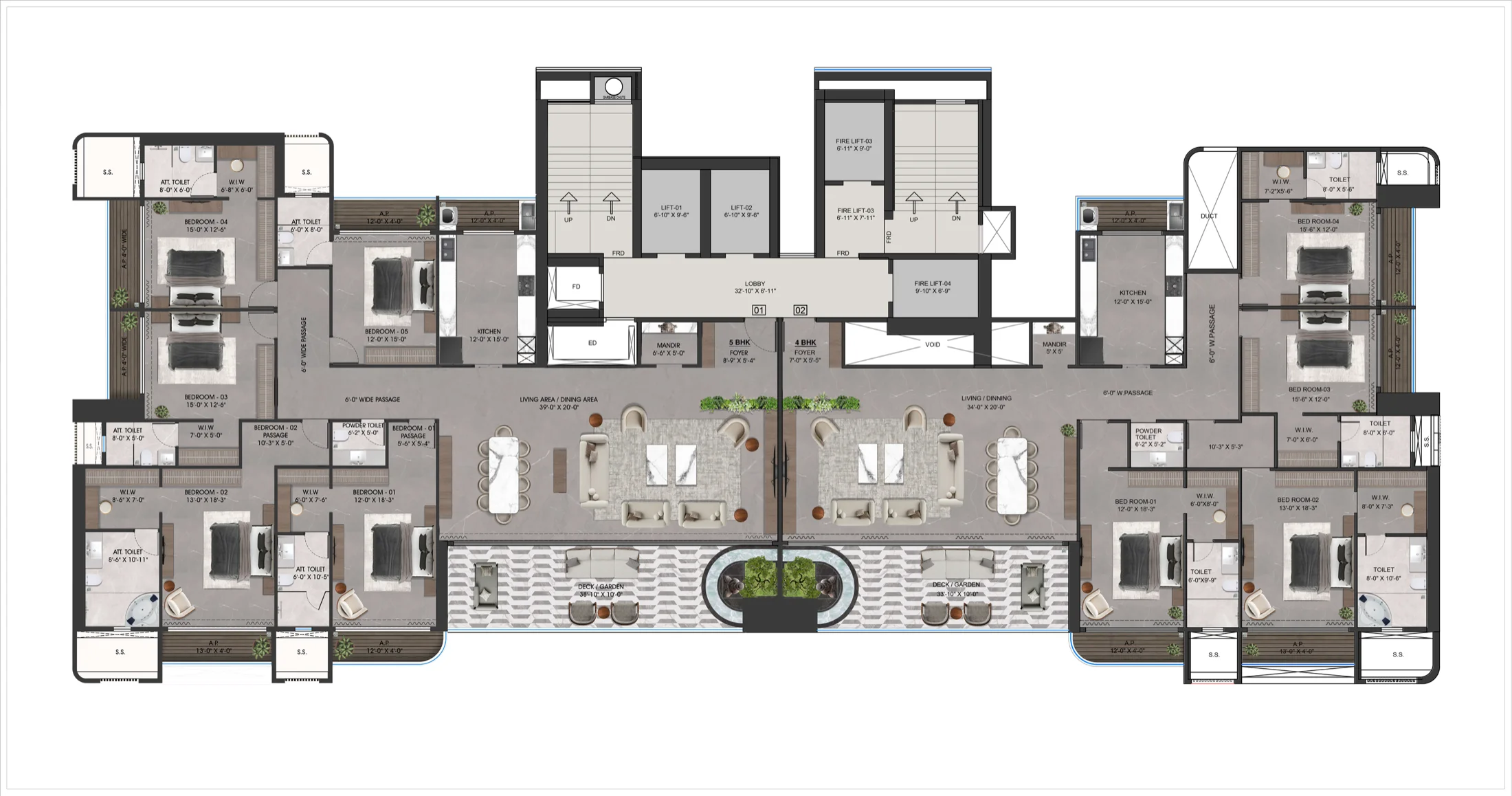 Typical floor plate at Vedant Mayfair, unit 01 the 5 BHK on the left and unit 02 the 4 BHK on the right, sharing a central lift core